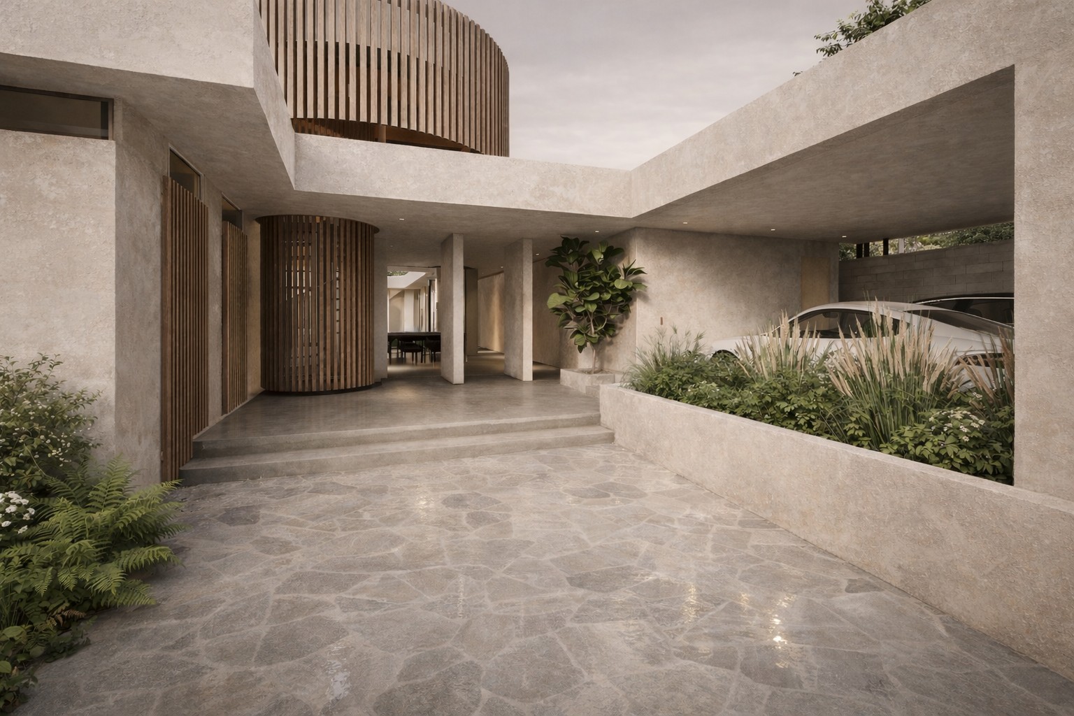 Shelly Beach House curved masonry balcony facing the coast